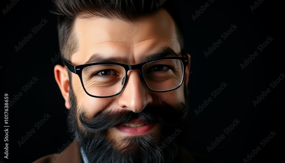 Smiling man with glasses and a groomed beard on a dark background Smiling man with glasses and a groomed beard on a dark background