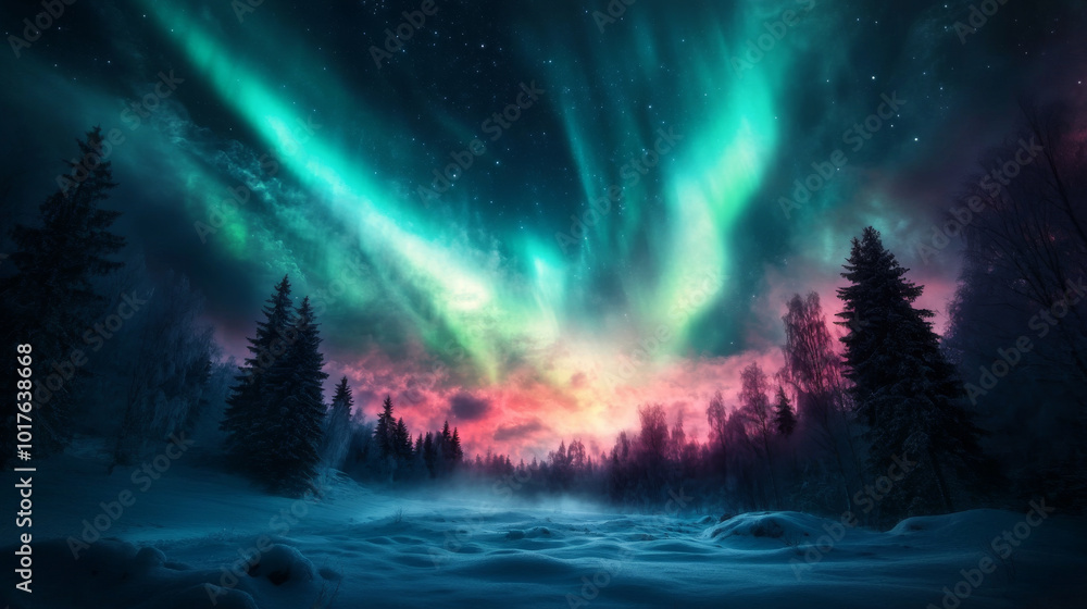 A peaceful Finnish winter landscape with the Northern Lights glowing above a snow-covered forest. A peaceful Finnish winter landscape with the Northern Lights glowing above a snow-covered forest.