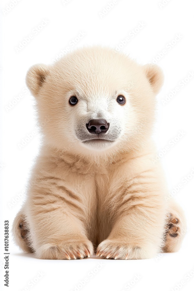 Obraz premium A charming baby polar bear, isolate on white background, radiating cuteness and innocence.