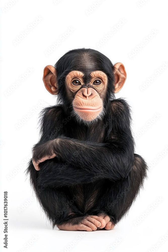 A playful chimpanzee standing confidently, isolate on white background, showcasing its unique features. A playful chimpanzee standing confidently, isolate on white background, showcasing its unique features.