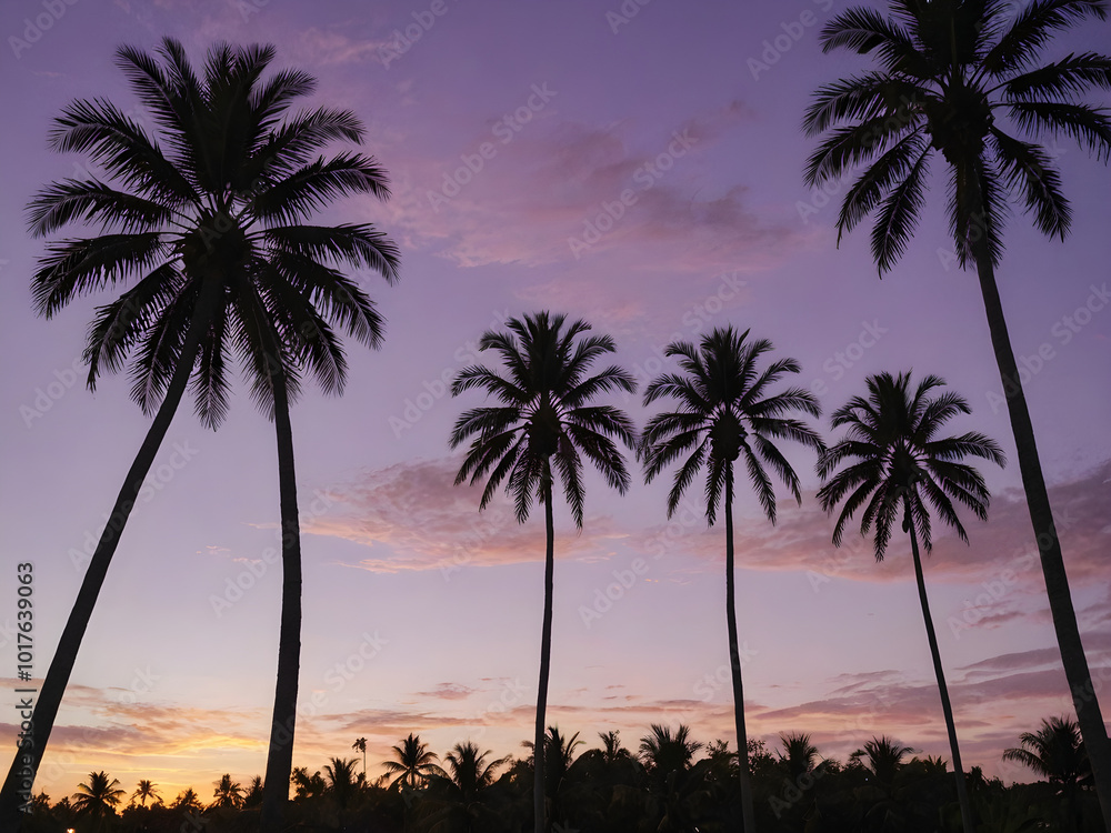 A peaceful tropical sky at dusk, with the sun setting behind a row of palm trees and the sky turning shades of purple and gold
A peaceful tropical sky at dusk, with the sun setting behind a row of palm trees and the sky turning shades of purple and gold