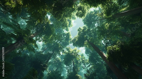 Wallpaper Mural Looking up at the canopy of a lush, green rainforest with sun rays breaking through the leaves. Torontodigital.ca