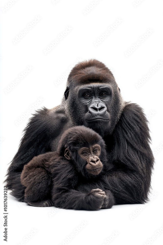 A loving family of gorillas, isolate on white background, symbolizing unity and affection. A loving family of gorillas, isolate on white background, symbolizing unity and affection.