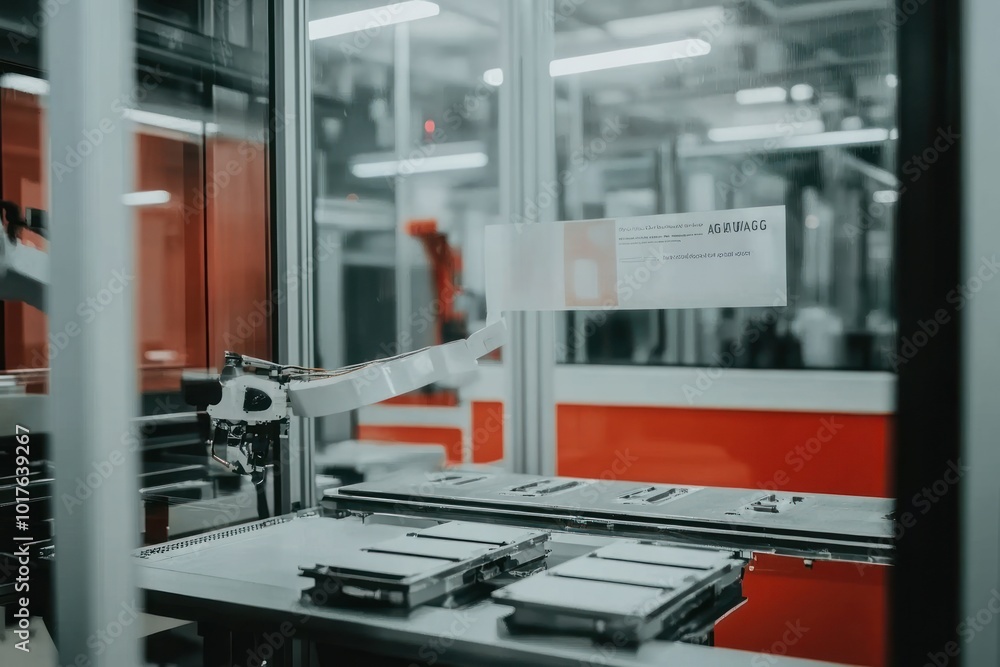Industrial automation setup with robotic arms and components on a conveyor system. Industrial automation setup with robotic arms and components on a conveyor system.