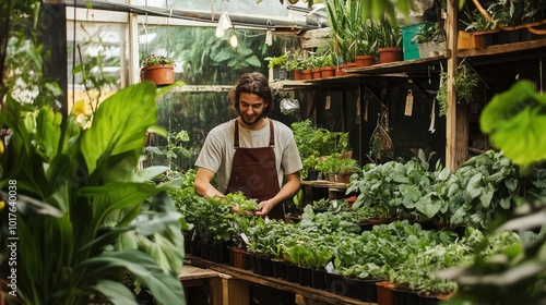 A small business urban garden shop with plants and gardening supplies, owner assisting customers, lush and vibrant green setting