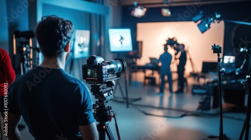 A small business video production studio with a team setting up cameras and lighting, professional atmosphere with high-end equipment