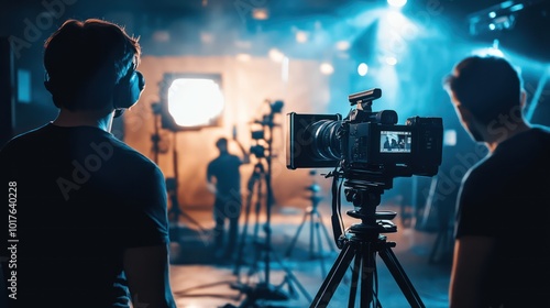 A small business video production studio with a team setting up cameras and lighting, professional atmosphere with high-end equipment