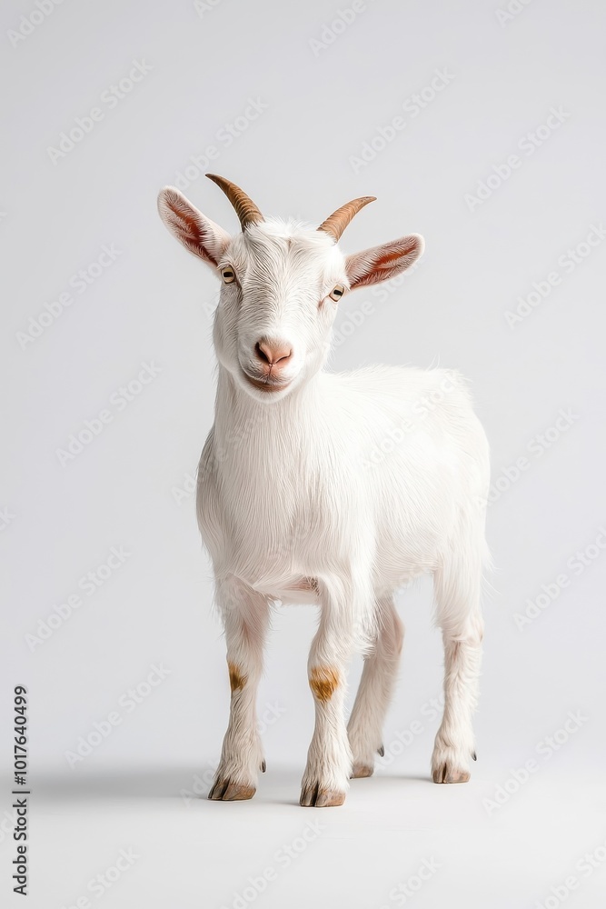 A goat standing on all fours, isolate on white background, showing its horns and fur detail. A goat standing on all fours, isolate on white background, showing its horns and fur detail.