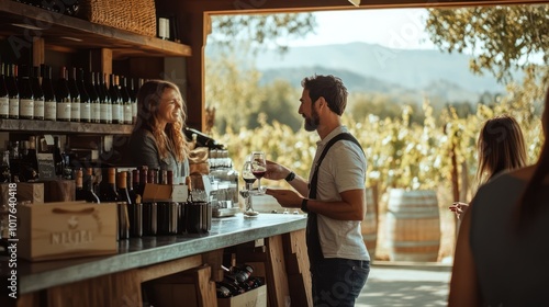 A small business winery with a sommelier explaining wine to customers, rustic yet elegant tasting room, vineyard in the background
