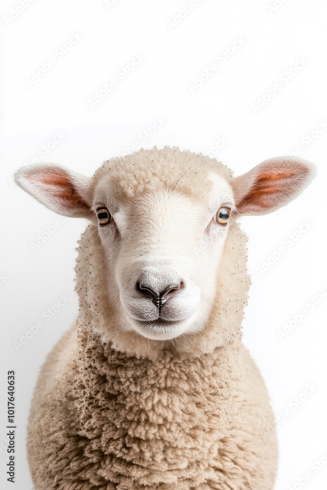 Obraz premium A sheep standing on all fours, isolate on white background, showcasing its woolly texture and features.