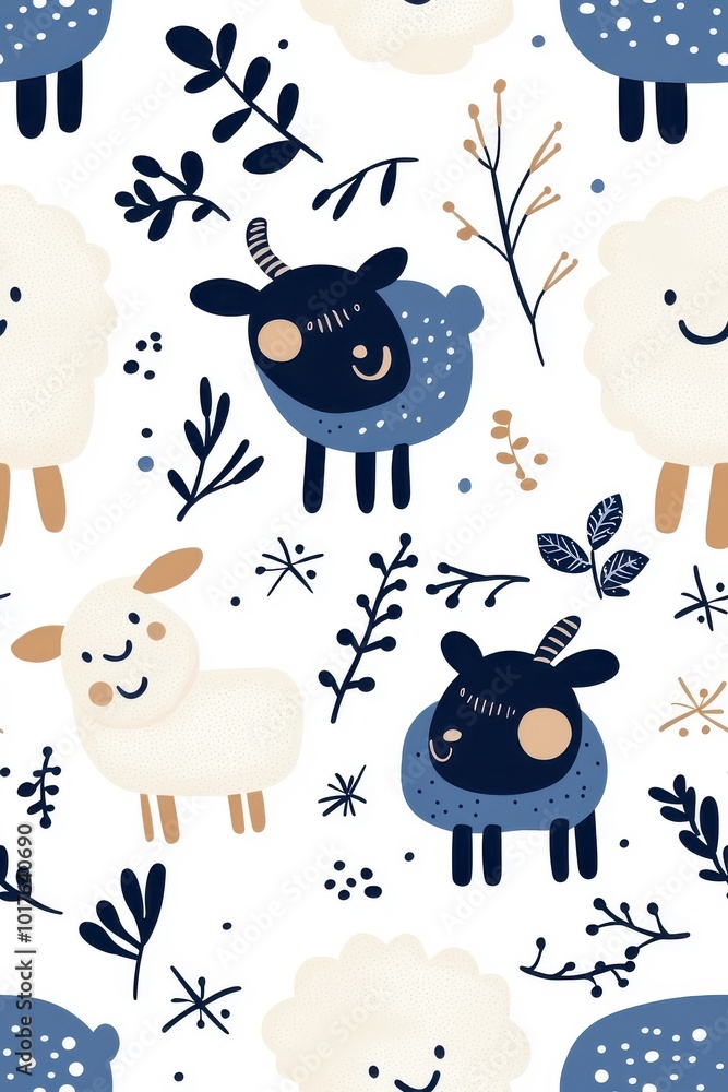 A seamless pattern of flat style sheep, isolate on white background, arranged in a playful design. A seamless pattern of flat style sheep, isolate on white background, arranged in a playful design.