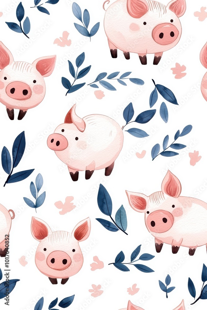 A watercolor seamless pattern of pigs, isolate on white background, featuring soft brushstrokes and gentle colors. A watercolor seamless pattern of pigs, isolate on white background, featuring soft brushstrokes and gentle colors.