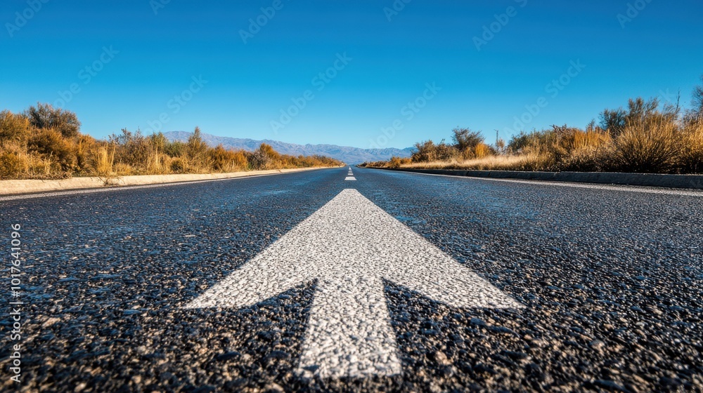 A straight asphalt road stretching into the horizon with a bold, white arrow painted in the center, symbolizing direction and ambition A straight asphalt road stretching into the horizon with a bold, white arrow painted in the center, symbolizing direction and ambition