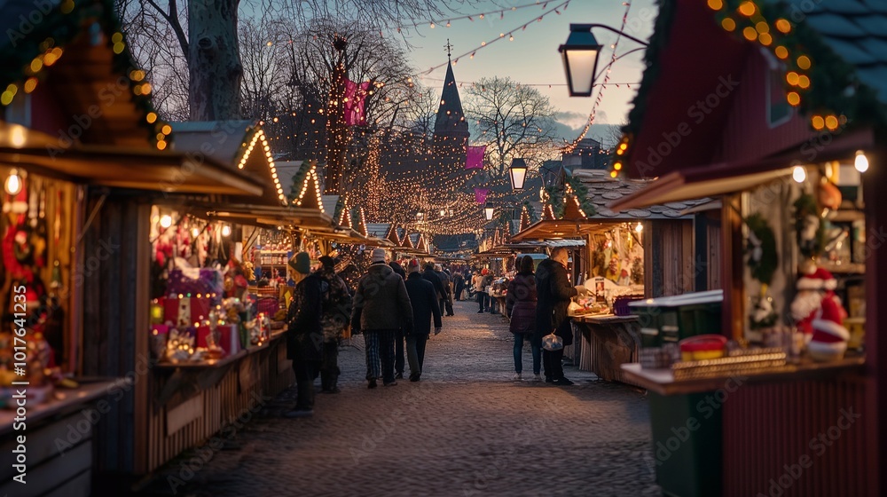 People of all ages walking, shopping, and enjoying the festive christmas market atmosphere with twinkling lights and cozy decorations. Happy New Year and Merry Christmas People of all ages walking, shopping, and enjoying the festive christmas market atmosphere with twinkling lights and cozy decorations. Happy New Year and Merry Christmas