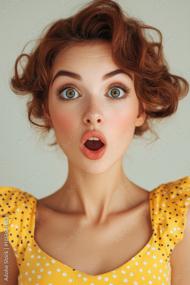 A woman with red hair and green eyes is wearing a yellow polka dot dress and has her mouth open in surprise A woman with red hair and green eyes is wearing a yellow polka dot dress and has her mouth open in surprise