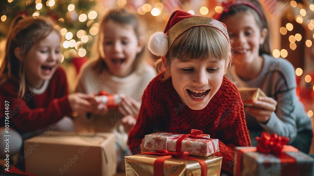 Excited girl unwrapping christmas gifts with family, surrounded by festive new year decorations and warm atmosphere, creating joyful memories of togetherness and love. Happy holidays to all! Excited girl unwrapping christmas gifts with family, surrounded by festive new year decorations and warm atmosphere, creating joyful memories of togetherness and love. Happy holidays to all!