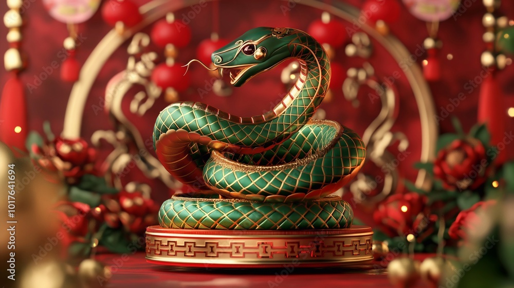 Green snake statue with gold details standing on a podium, with a traditional oriental background with red lanterns and flowers. Chinese new year, astrology horoscope, background with copy space Green snake statue with gold details standing on a podium, with a traditional oriental background with red lanterns and flowers. Chinese new year, astrology horoscope, background with copy space