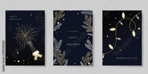 Luxury Happy Holidays invitation card design vector. Elegant Happy New Year card with leaves branch, wine, firework, gold spot on navy blue background. Design for Seasons Greeting, christmas.