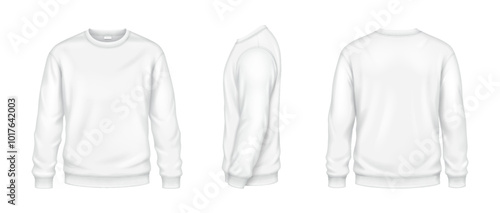 Sportive sweatshirts of white color mockup realistic vector illustrations set. Casual clothing template 3d model on white background