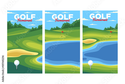 golf course with ball on tee, flag, hole and lake vertical oriental background vector illustration collection for golf club sport and tournament banner, poster, flyer, wallpaper and any media