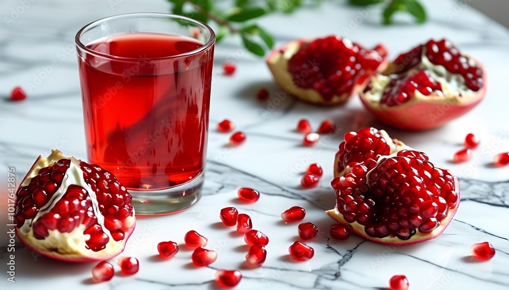 Fresh Pomegranate Juice on Marble Countertop Fresh Pomegranate Juice on Marble Countertop