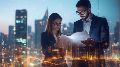 Wallpaper Mural CEO and CFO reviewing financial reports with a city skyline in the background Torontodigital.ca