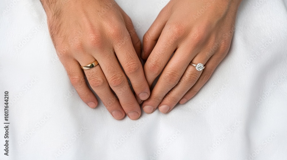 Two hands wearing wedding rings resting on a white surface. Two hands wearing wedding rings resting on a white surface.