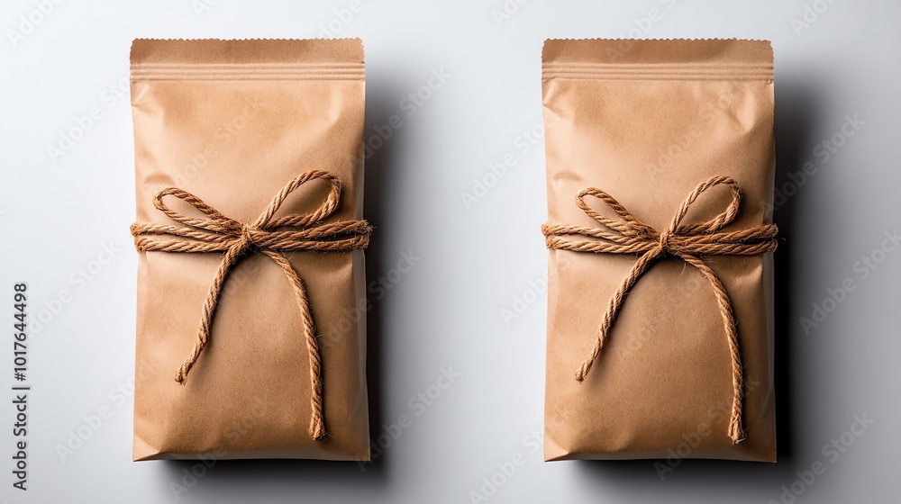 Obraz premium Two brown paper bags tied with twine on a minimalistic background.
