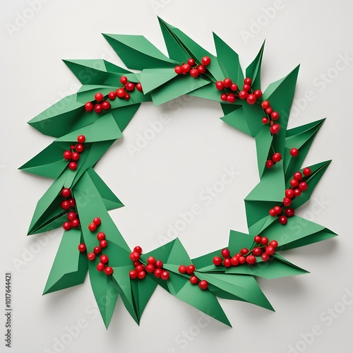 Handmade Christmas origami poinsettia wreath on white background