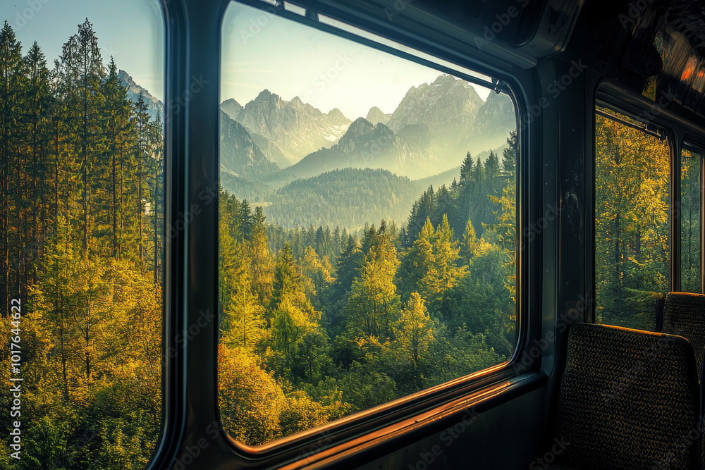 Fototapeta premium A scenic view from a train window showcasing lush forests and majestic mountains in the background during a tranquil moment in nature.