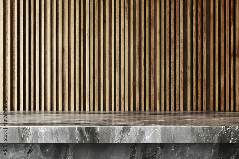 Gray kitchen marble tabletop for product presentation. Empty countertop mockup on brown wall panels with wooden slats. Clean podium for luxury bar or beauty advertisement Gray kitchen marble tabletop for product presentation. Empty countertop mockup on brown wall panels with wooden slats. Clean podium for luxury bar or beauty advertisement