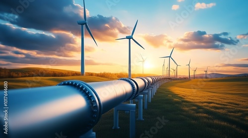 Wind turbines and pipeline in a scenic landscape during sunset. photo