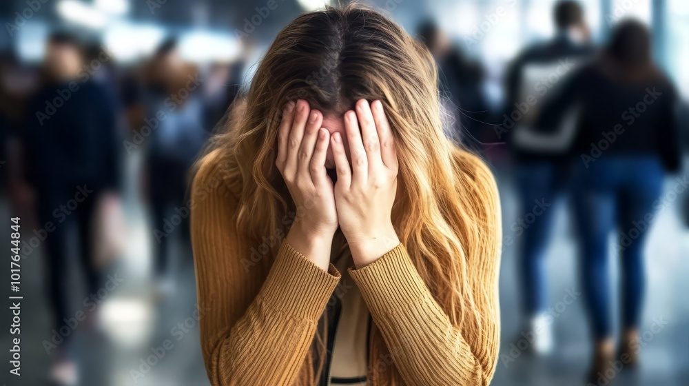 Fototapeta premium Young woman with hands on her face expressing distress in a crowded environment.