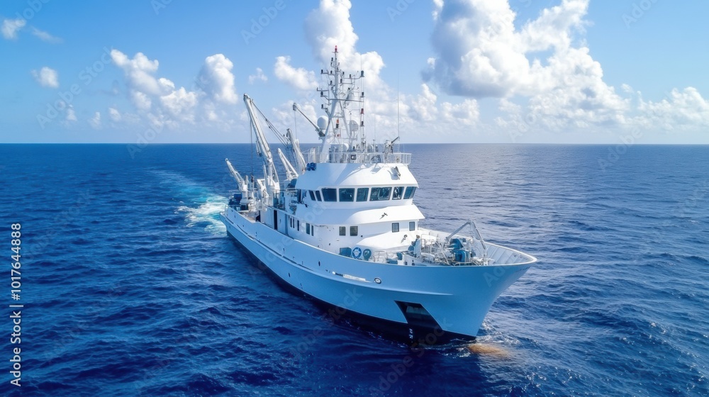 Naklejka premium Fishing Vessel Navigating Calm Ocean Waters