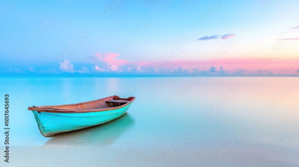 Naklejka premium Serene Boat on Tranquil Beach at Sunset