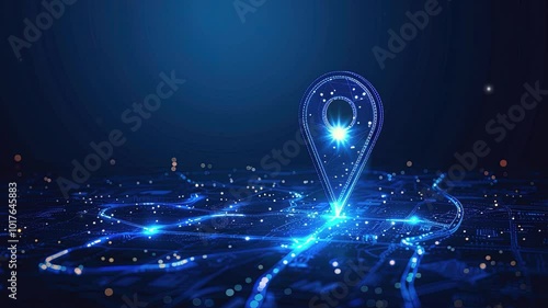 Location pin in low polygonal wireframe, geometric technology concept isolated blue light background