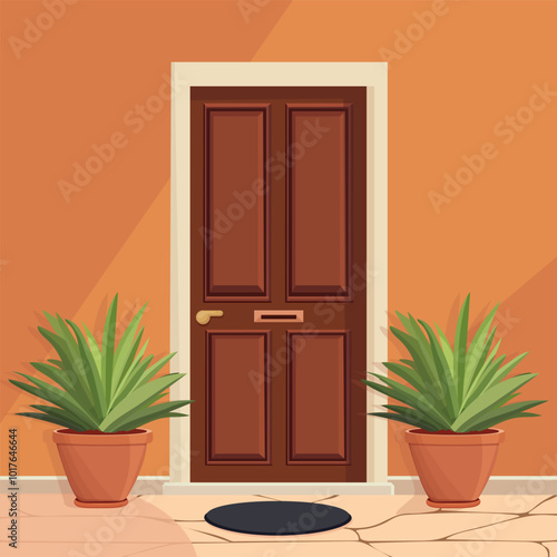 Front door with two pots with plants. Cartoon house illustration