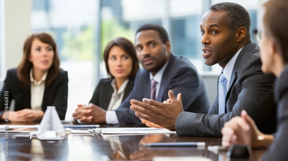 Corporate leaders discussing business growth strategies in an executive boardroom Corporate leaders discussing business growth strategies in an executive boardroom