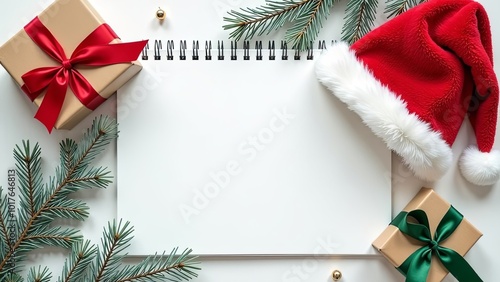 Notepad mock up with Christmas decorations with empty space for you design. Christmas mockup. Notepad with copy space on white background.