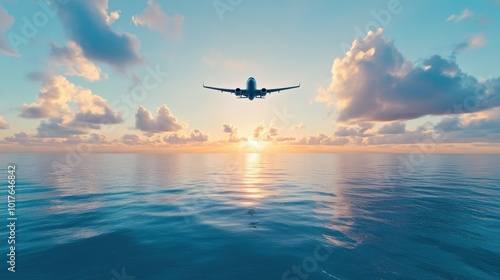 Airplane Flying Over Calm Ocean at Sunset