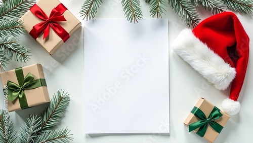 A blanck sheet mock up with Christmas decorations with empty space for you design. Christmas mockup. White sheet with copy space on white background.