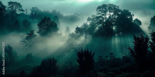 Mystical foggy forest scene with sun rays breaking through trees