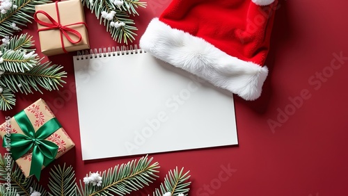 Notepad mock up with Christmas decorations with empty space for you design. Christmas mockup. Notepad with copy space on red background.