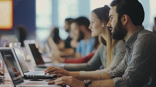 Corporate training session with employees using laptops