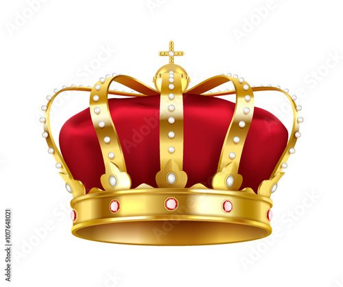 Luxury royal crown adorned with red velvet gold and gemstones realistic vector illustration. Golden jewelry for kings 3d object on white background