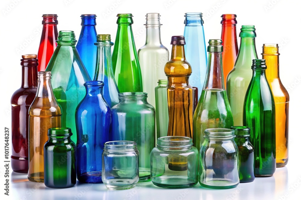 Colorful arrangement of empty recyclable glass bottles and jars of various shapes and sizes against a white background, awaiting recycling. Colorful arrangement of empty recyclable glass bottles and jars of various shapes and sizes against a white background, awaiting recycling.