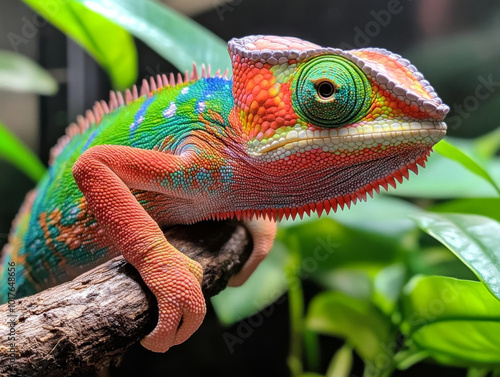 A colorful pet chameleon perched on a branch, its vivid colors contrasted against the lush plants in its terrarium. photo