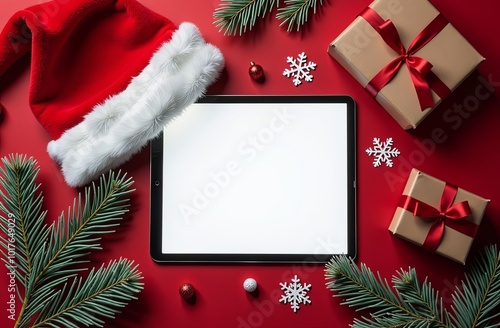 Tablet mock up with Christmas decorations with empty space for you design. Christmas online shopping concept. Tablet with copy space on red background.
