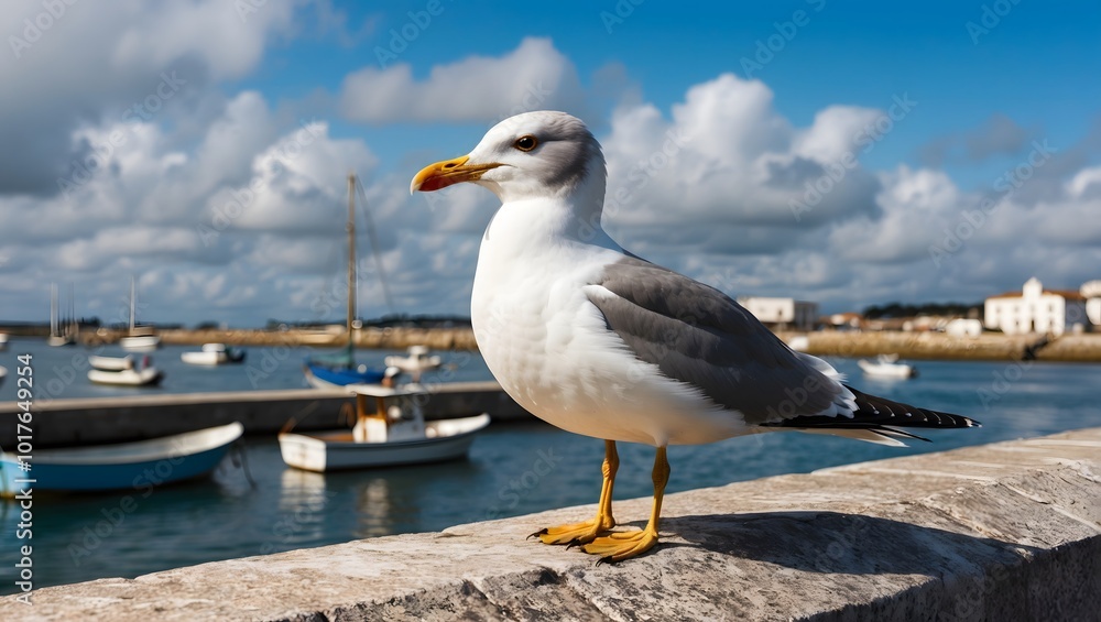 Close-up photo of a seagull while observing the ocean. A herring gull sitting on the coast against the beautiful sky in the bay. Close-up photo of a seagull while observing the ocean. A herring gull sitting on the coast against the beautiful sky in the bay.