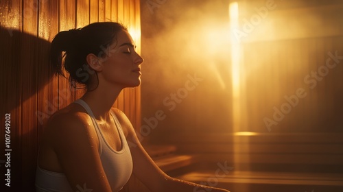 Active woman unwinding in a sauna after a workout, beads of sweat forming as she enjoys the heat, helping her muscles recover and promoting relaxation.